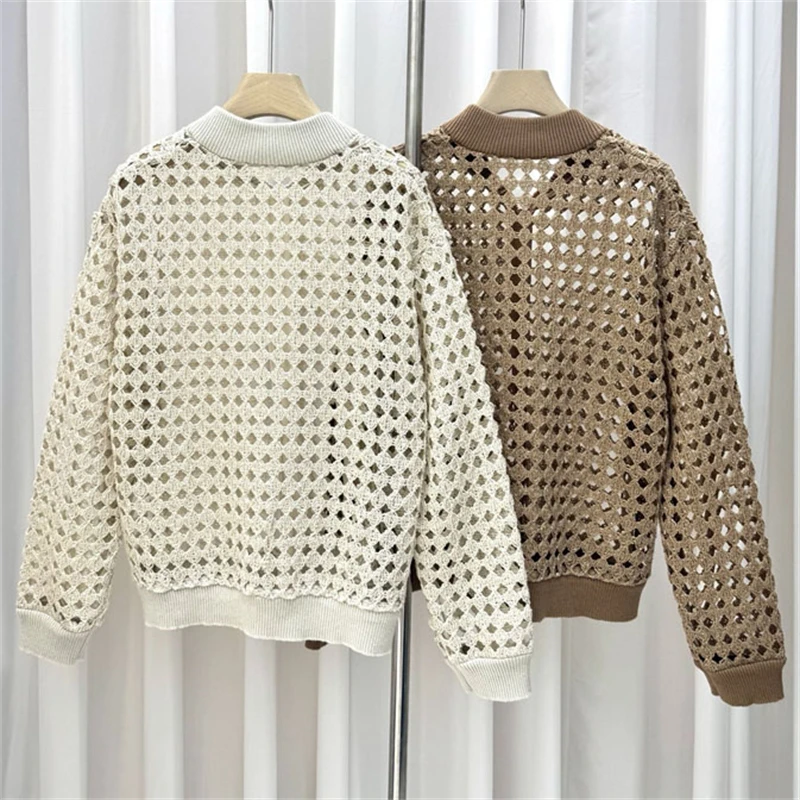 y2k High-Quality Autumn New Baseball Collar Wool Blend Mesh Knit Hollow Out Long Sleeve Cardigan Women's Fashion Casual Cardigan