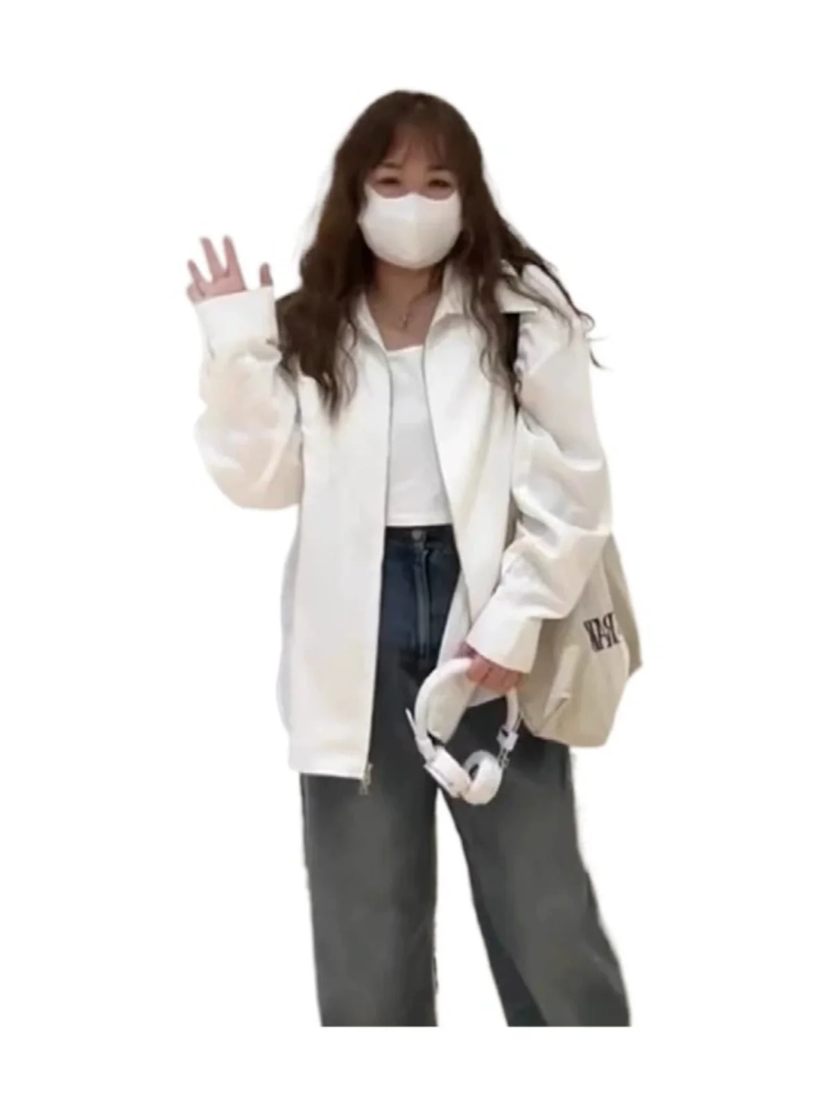 plus Size Women's irt Jaet Inner Wear Double Zipper Loose Slimming Versatile Top Trendy Korean Sle Long Sve  Collar