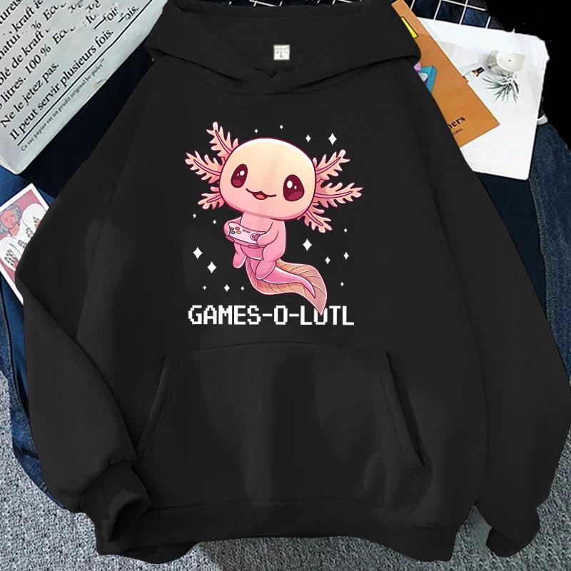 (Premium Hoodie) niedlichen Spiel Solotl Axolotl Video Gamer Brief druck Hoodies lose Sweatshirt Frauen Männer Persönlichkeit lang ärmelig