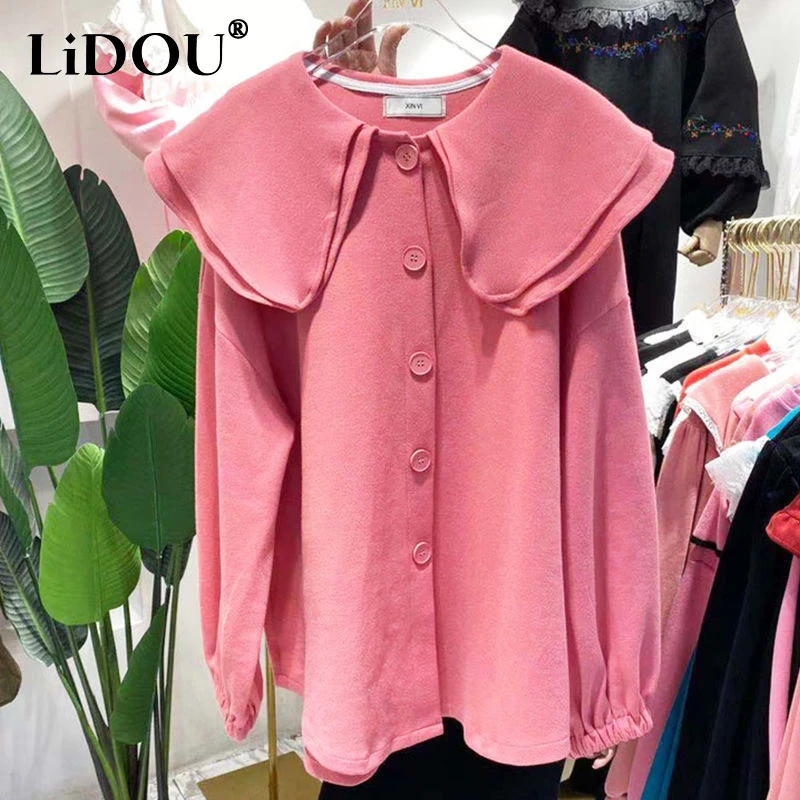 2023 Lente Herfst Effen Kleur Mode Pop Kraag Shirt Vrouwen Shirt High Street Knoop Koreaanse Stijl Chique All-Match Vest