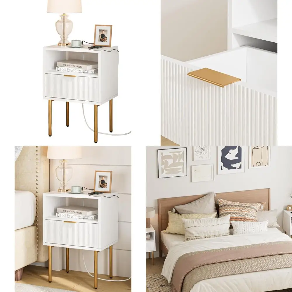 

Mid-Century Modern Nightstand with Charging, Storage Drawer, and Open Shelf for Bedroom & Living Room (White)