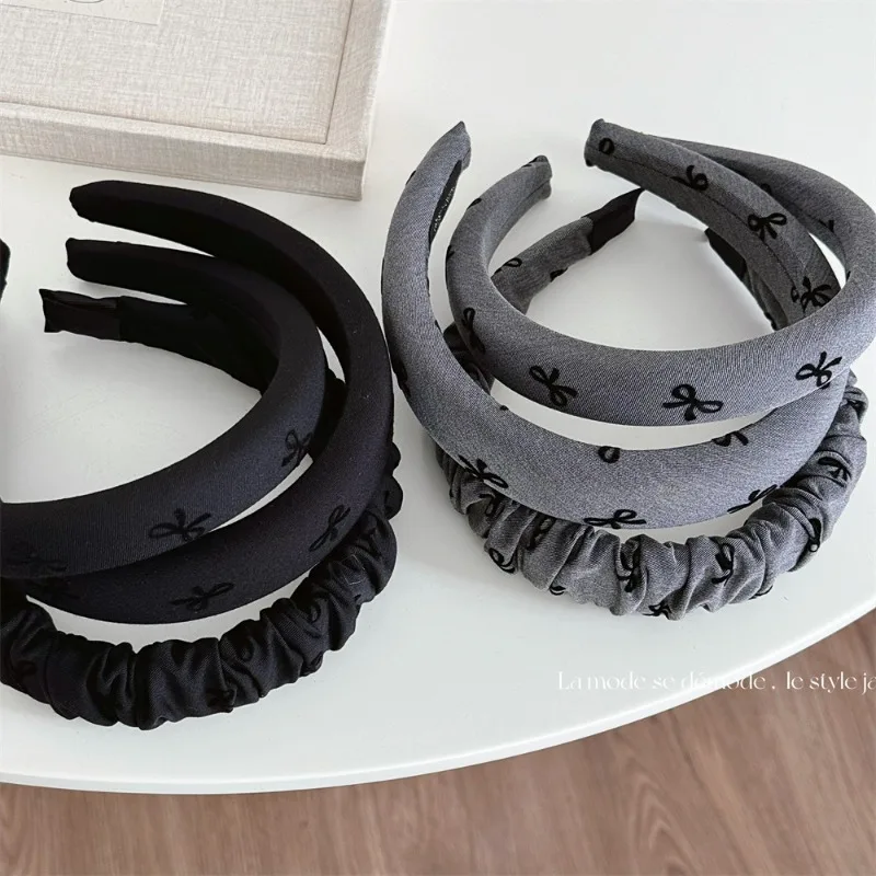 Black Gray Cute Bow Print Sponge Headband High Skull Top Hairhoop Hairpin Headband Internet Celebrity New Hair Accessories