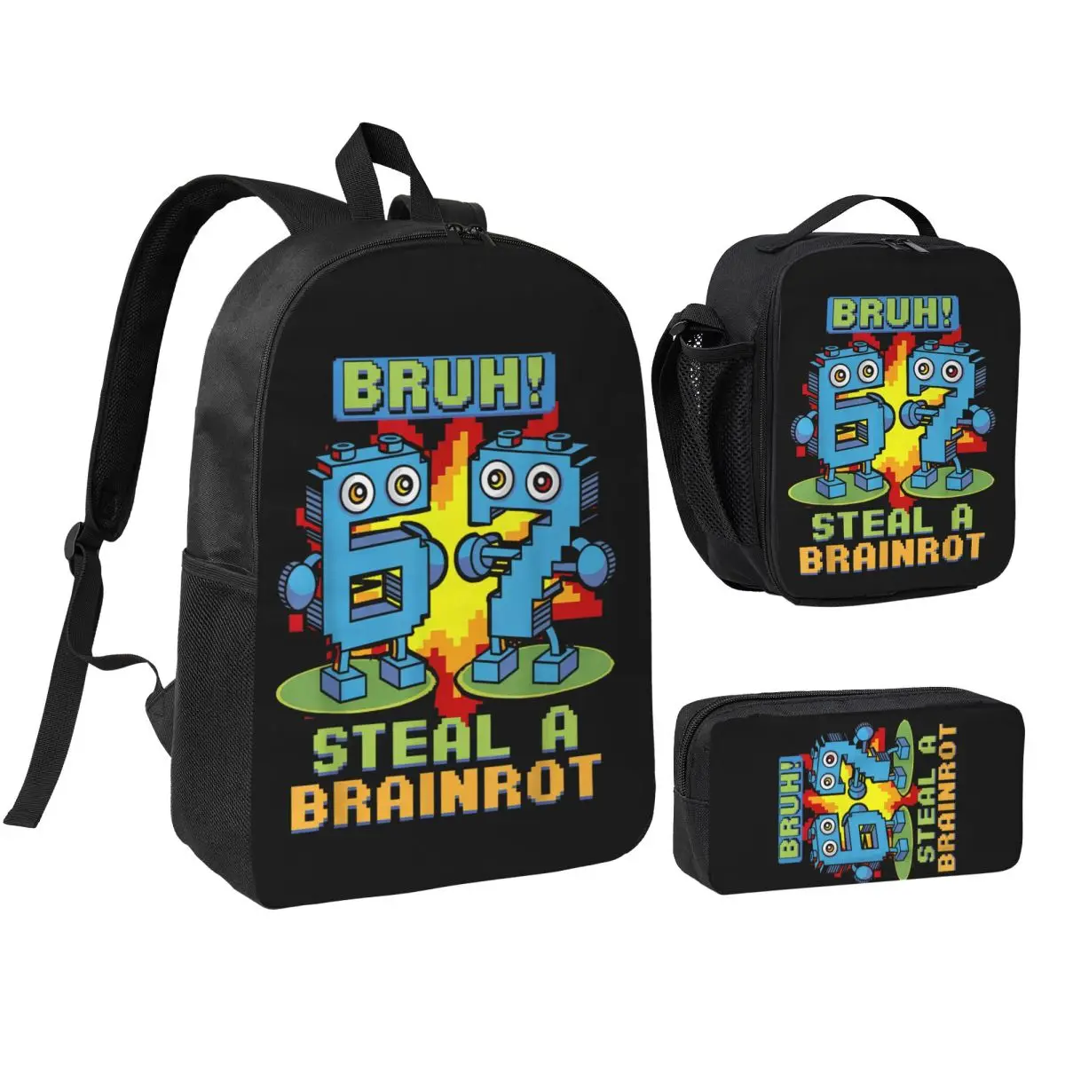 3pecs/set Bruh Steal A Brainrot 67 Six Seven Brainrot Meme Backpack for Student Laptop Computer Daypack Lunch bag Pencil Case