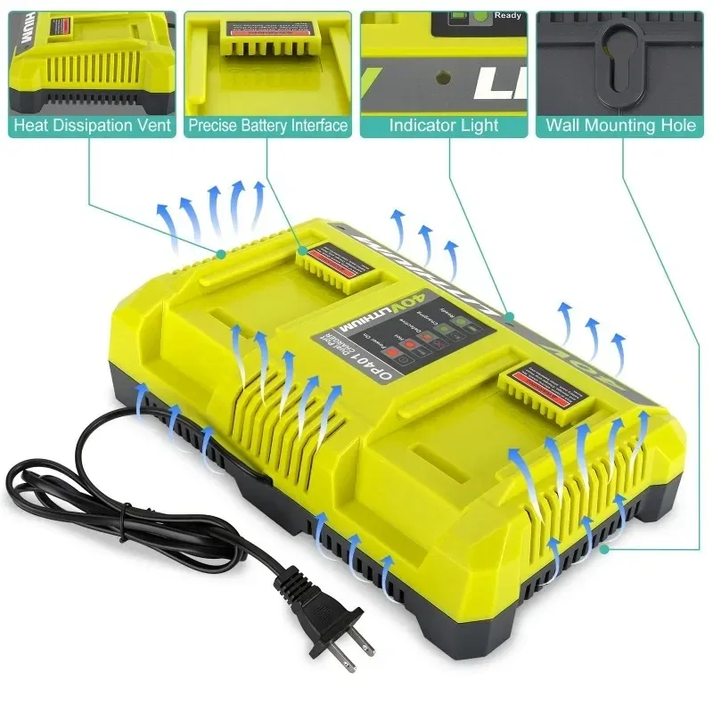 Compatible for OP401 40V Li-ion Battery US/EU/UK/AU Plug Portable Lithium Battery Charger Dual-Port Replacement Charging Station