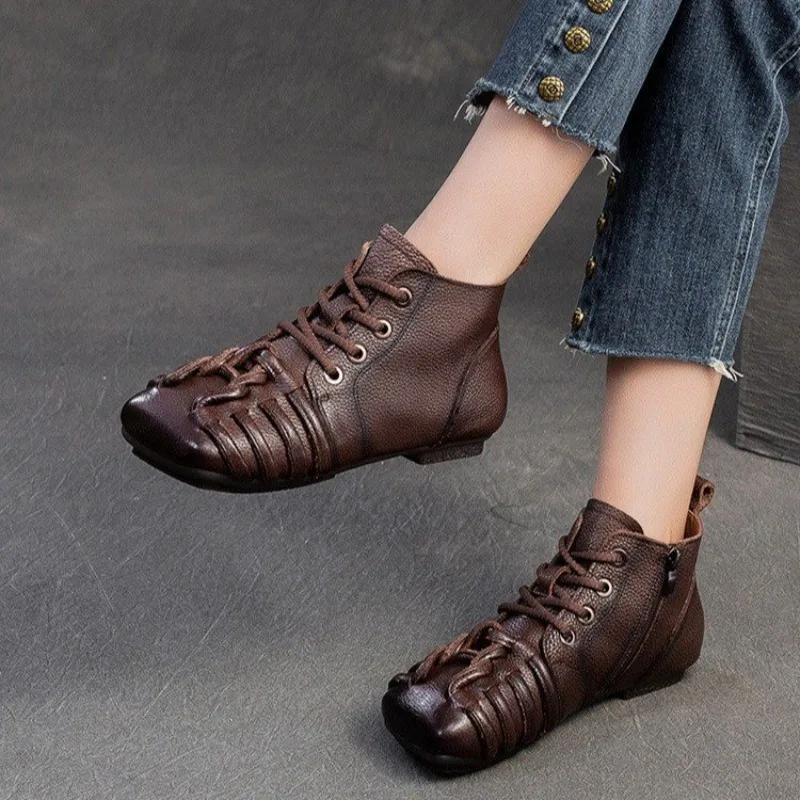 

Single Shoes Autumn New Square Toe Pleated Front Lace-Up Side Zipper Soft Sole Anti-Slip Wear-Resistant Low Heel Shoes