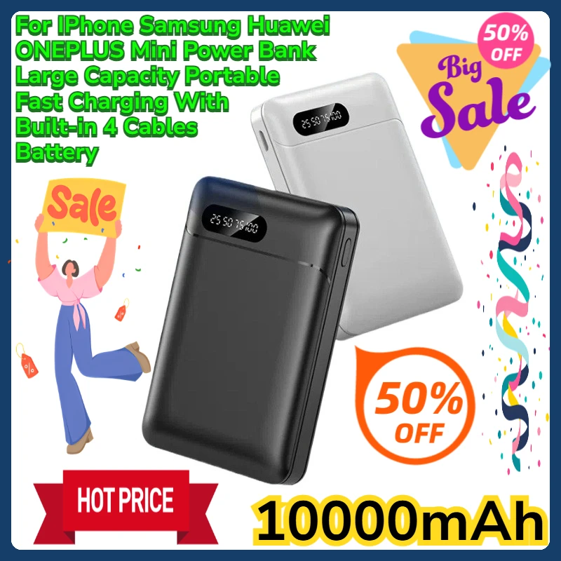 

For IPhone Samsung Huawei ONEPLUS Mini Power Bank 10000mAh Large Capacity Portable Fast Charging With Built-in 4 Cables Battery