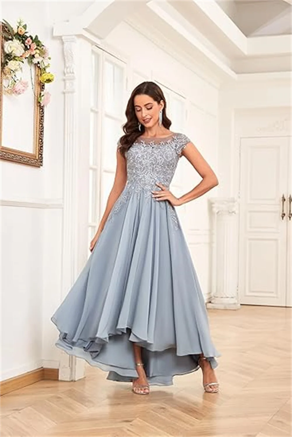 

Tea Length Mother Of The Bride Dresses For Wedding Cap Sleeves Lace Applique Chiffon Formal Gowns Long Prom Dress