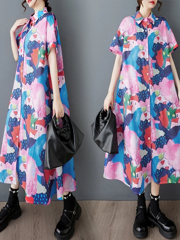 한국 슬레 플러스 사이즈 여성 여름 신상 루즈핏 패션 프린트 슬리밍 고급 롱 셔츠 캐주얼 칼라