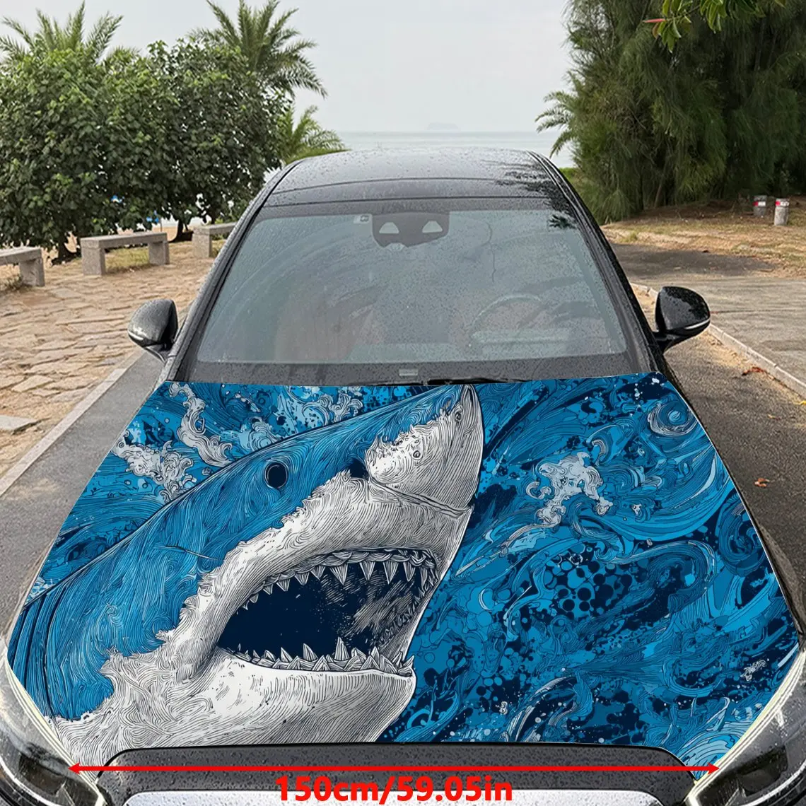 Car Decal Great White Shark with Blue Ocean Textured Motif in Artistic Marine-Intense Style - Bold Aquatic Thrilling Fantasy Aes