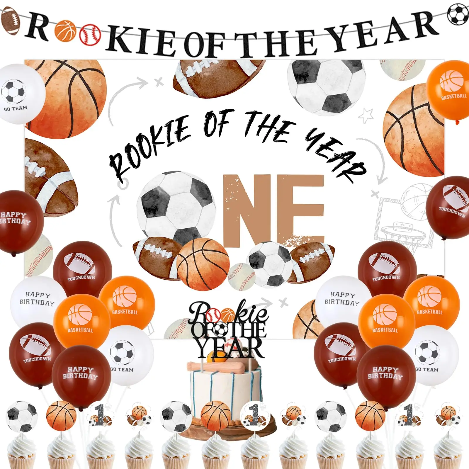 

Funmemoir JOYMEMO Retro Sports Theme 1st Birthday Decorations, Rookie Of The Year First Backdrop Banner Cake Cupcake
