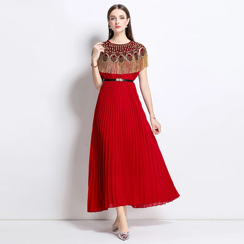 Vestido de Fiesta con Flecos y Cuentas, Estilo Informal, Bicolor, para Primavera, de Fibra de Poliéster, Elegante, para Mujer