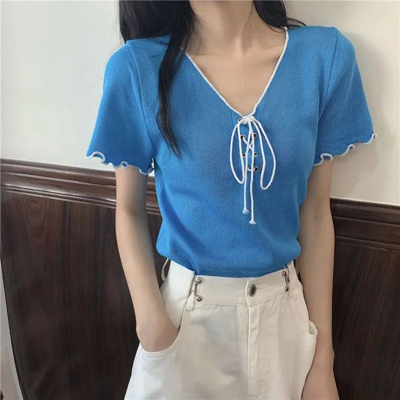 White V-neck Short Tops Tees Clothing Solid Color Loose Short Sleeve Bandage Short Fashion T Shirts Casual Sweet Women Summer