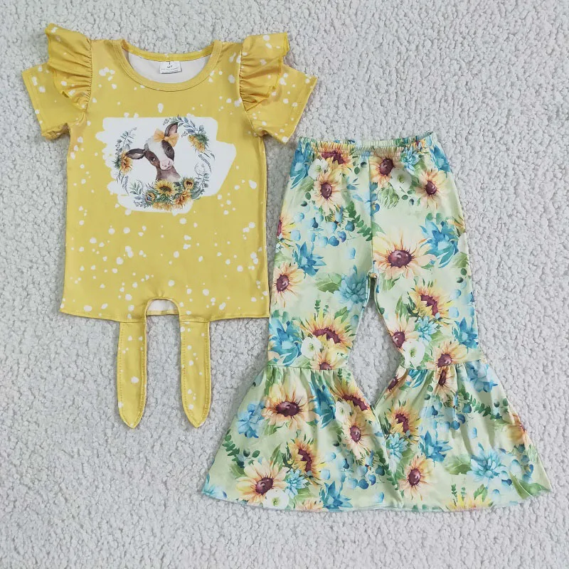 

New Summer Spring Hot Sale Cow Sunflower Yellow Short Sleeve Pants Set Baby Girl Wholesale Boutique Children Clothing Outfits