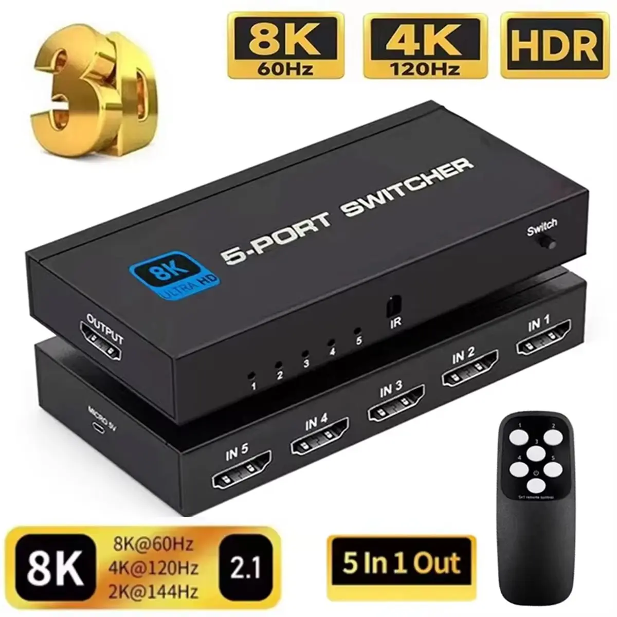 DT672 STOCK-5 Ports 8K 60HZ -Compatible Switch Supports 4K@120Hz, 8K@60Hz Ultra HD Switcher Splitter for /4/3, TV Projector