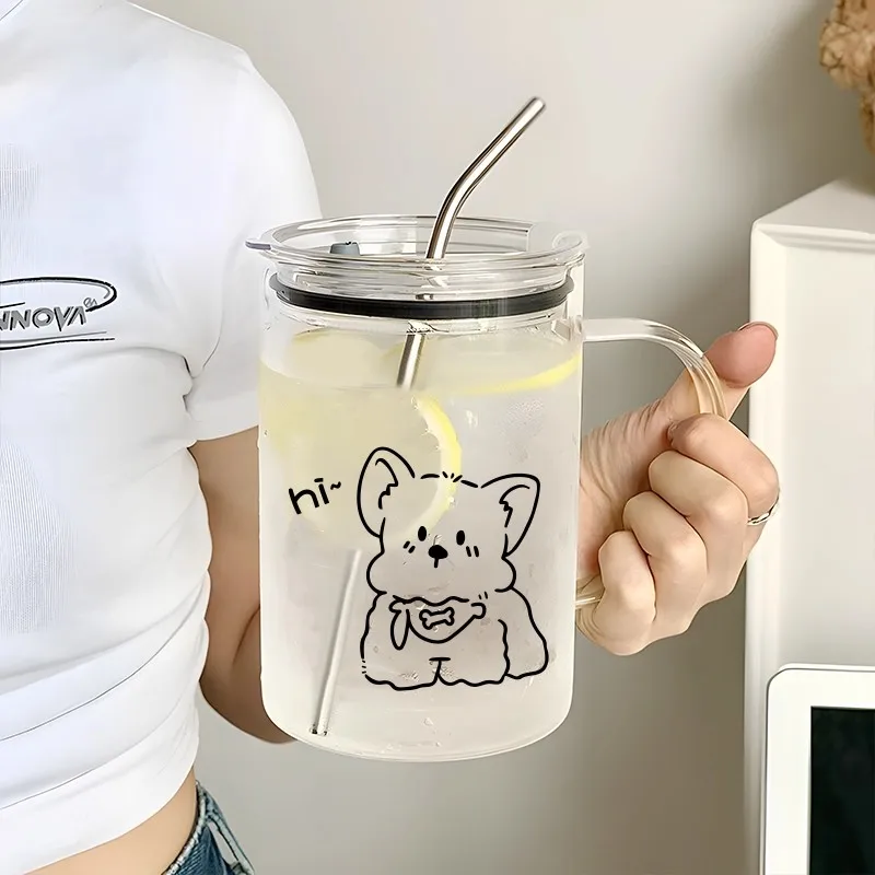 

1000ml Cute Glass Cups With Lid Straw Kawaii Glass Water Bottle Large Tea Coffee Mug Drinking Cup for Home Office Woman Gift