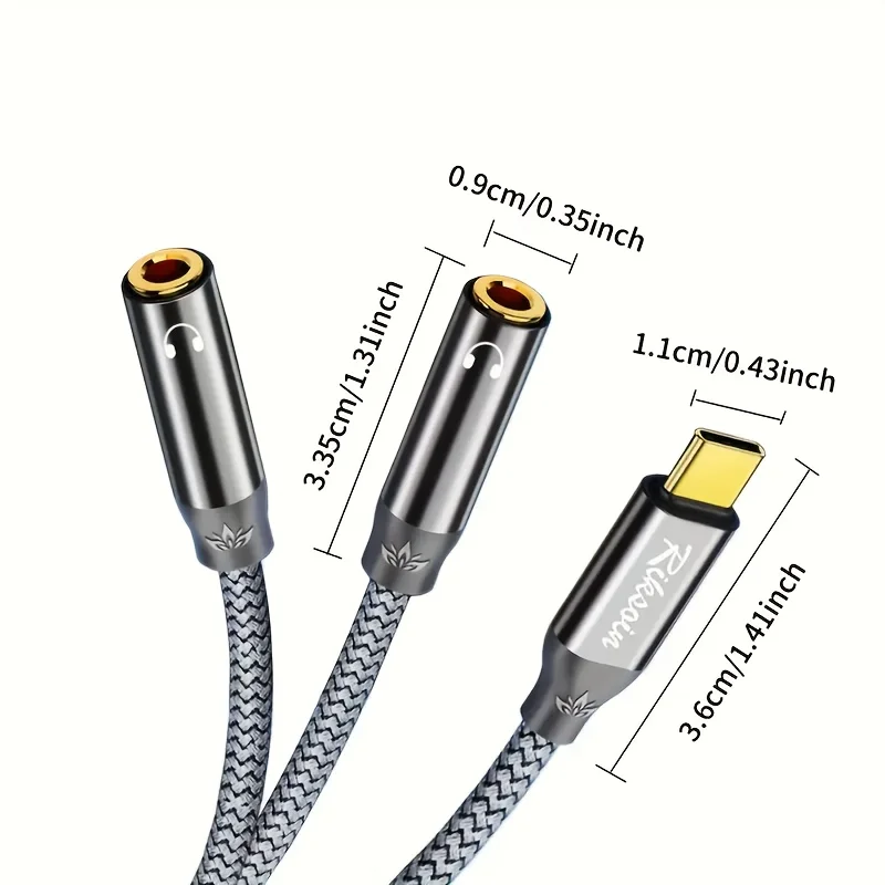 Riksoin Type-C to 2 Female Headphone Splitter, HiFi TRRS Stereo Cable, Audio Adapter for Speaker & Mic Calling, for Phone/PC/Lap