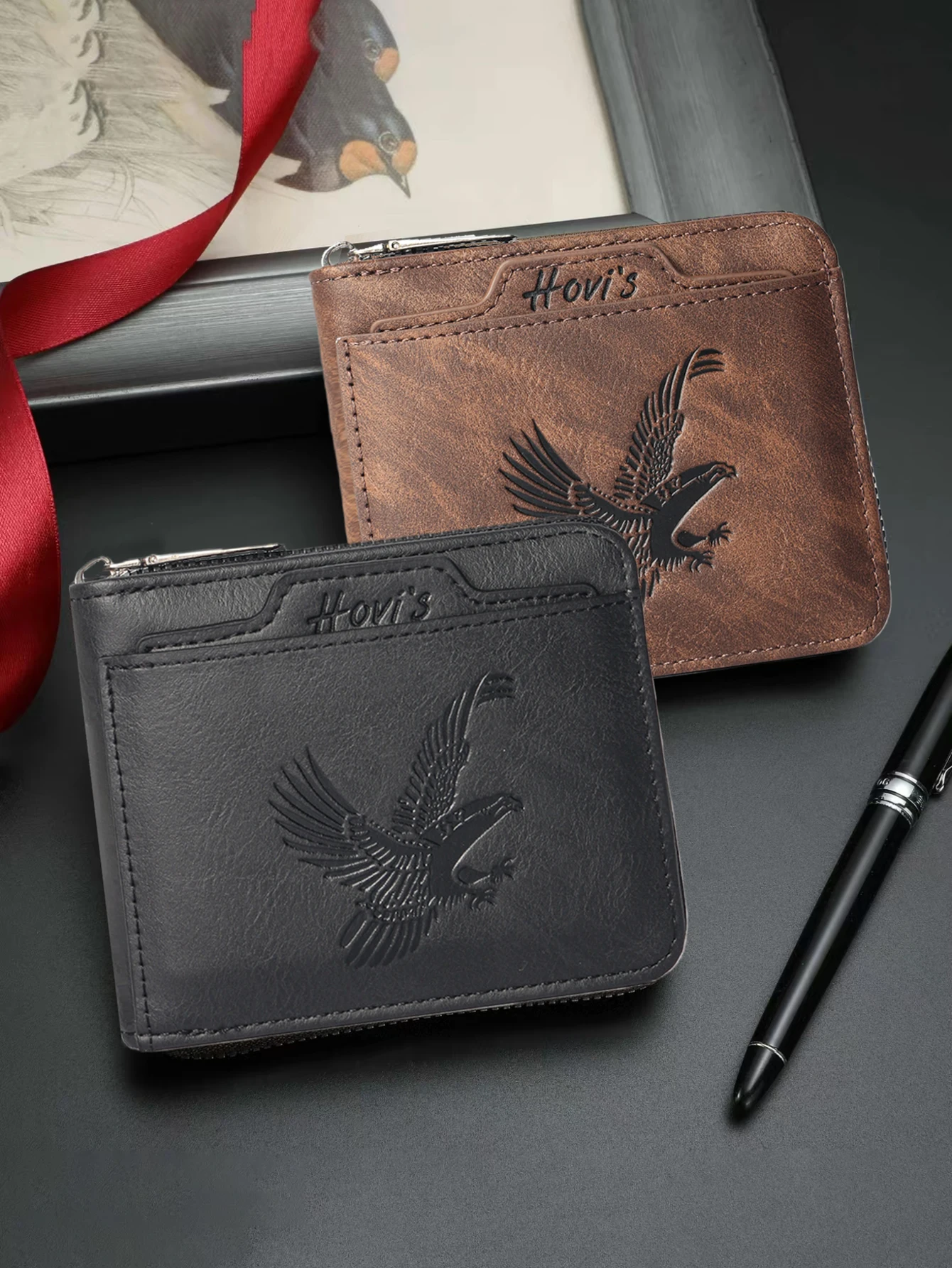 

​ ​ Мужской кошелек из искусственной кожи с тиснением орла HOVIS | Тонкий короткий кошелек на молнии | 7 отделений для карт + окошко для удостоверения личности + карман для монет