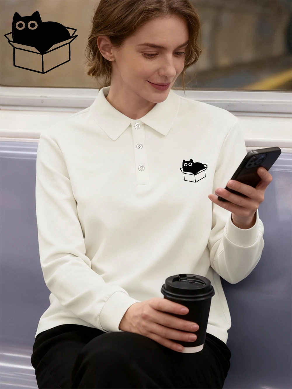 لطيف القط الأسود يطبع قمصان بولو النساء الخريف تنفس التلبيب جولف Shirtslim طويلة الأكمام بلايز رياضي التنقل امرأة تي شيرت