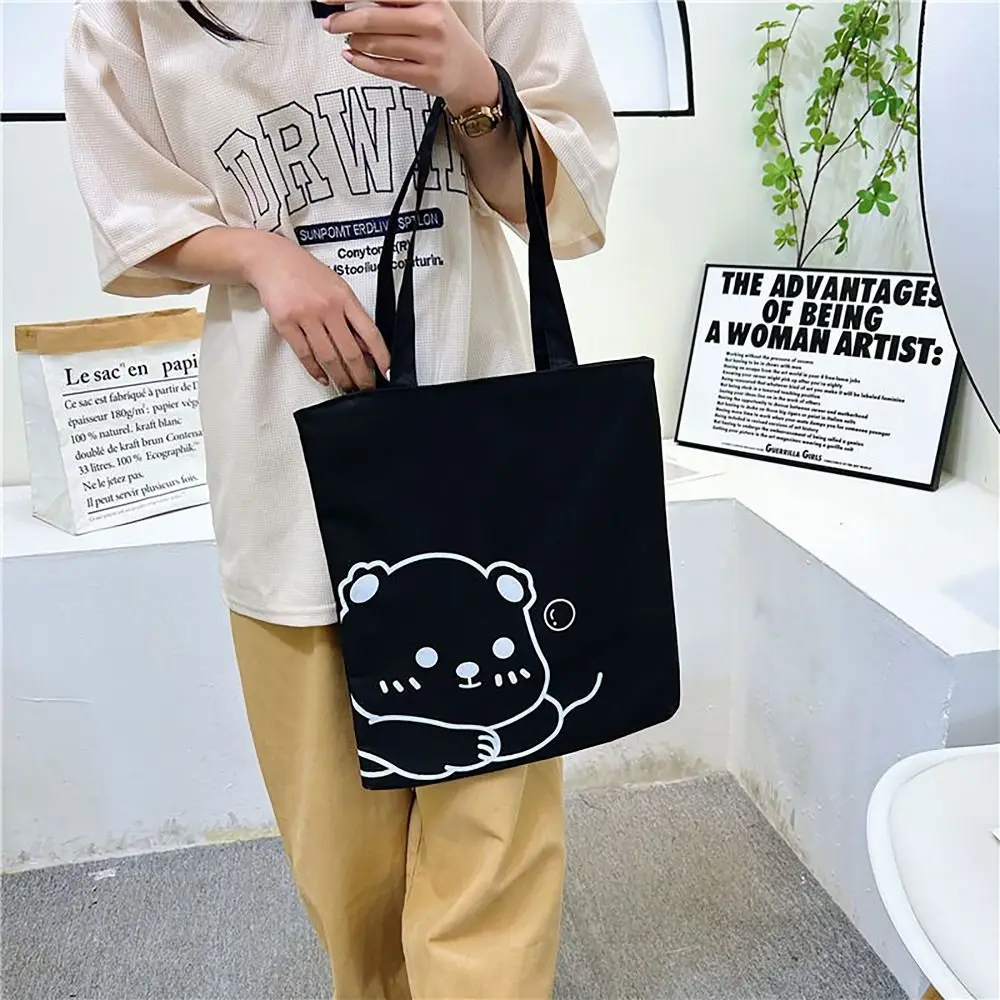 Canvas Bucket Handbags 2024 Korean Style Large Capacity Shopping Bag Bear Printed Tote Bag Commuting