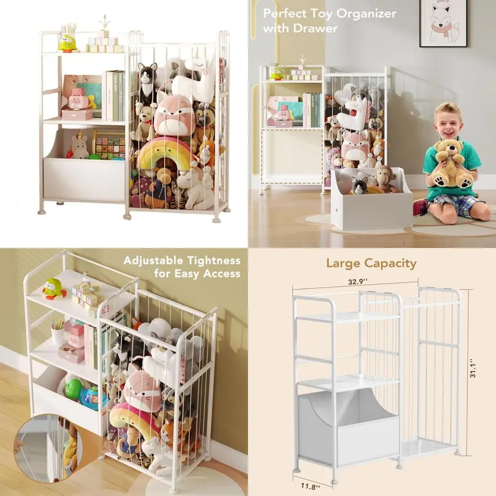 

2-Tier Kids' White Bookshelf with Stuffed Animal Net and Fabric Toy Chest for Playroom and Nursery Storage