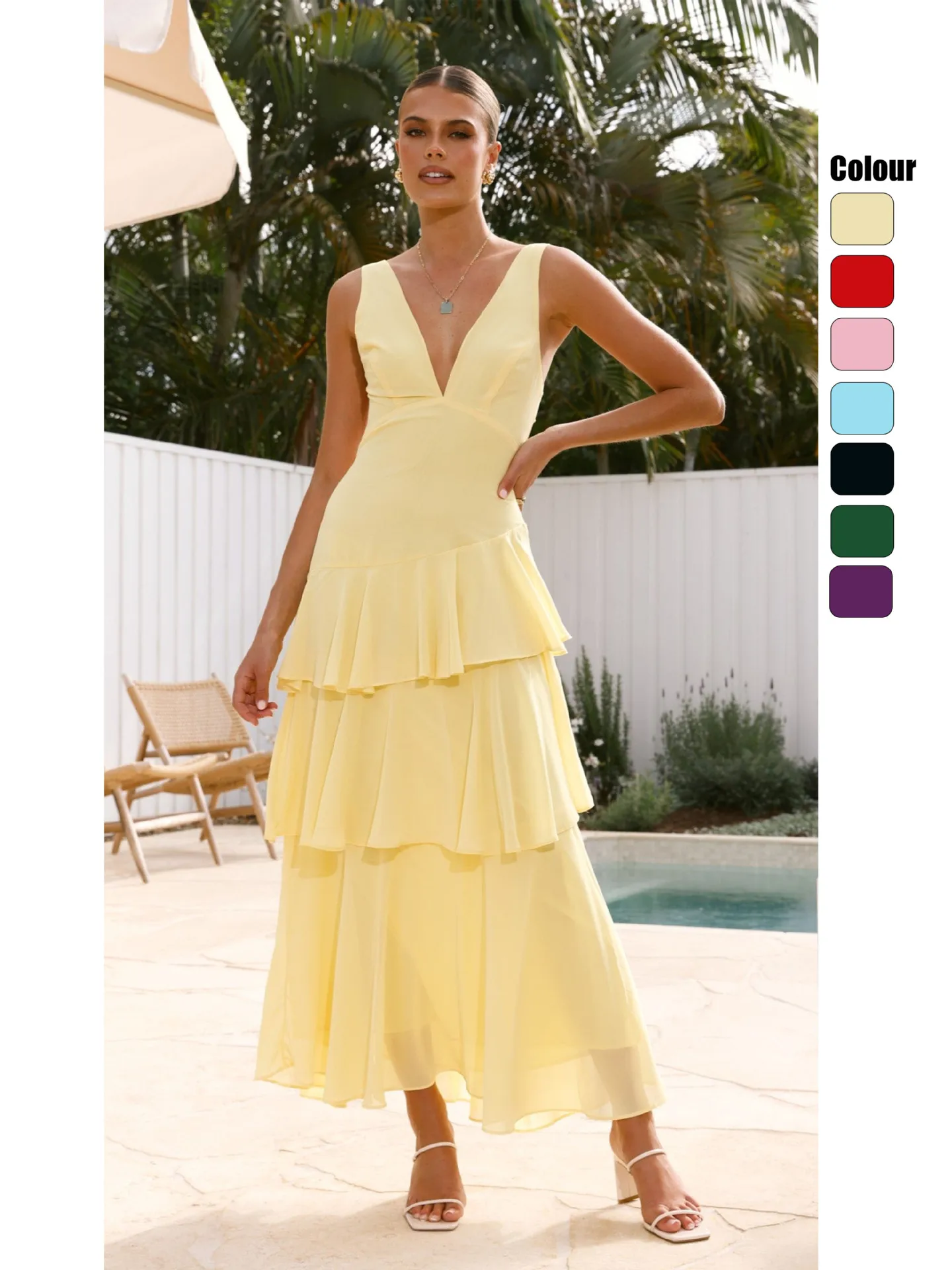EINY Elegant V Neck A-Line Tiered Evening Dress Party Gowns Ruffles Sling Dresses Women Sleeveless Chic Lady Robes Back Lace Up