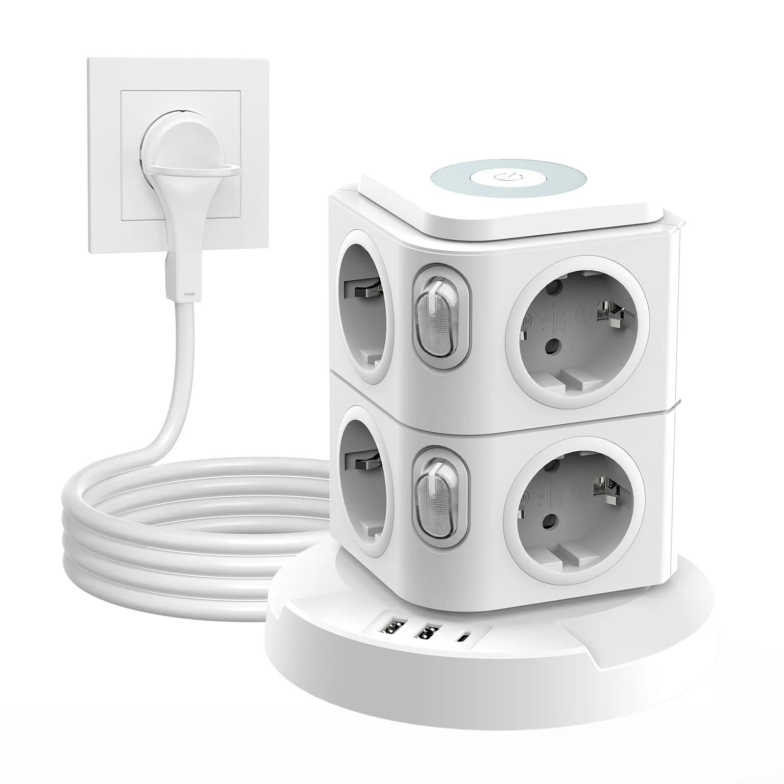 

8-socket multiple socket with USB-C and light + 2 m cable, LED socket tower socket with 2 individual switches + 2 USB A+1 USB C