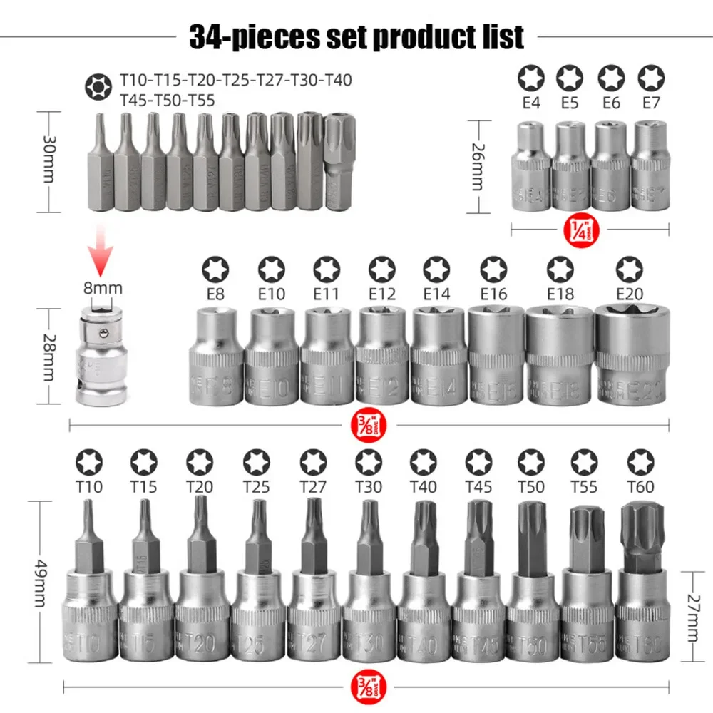34 pz Torx Bit Socket e E-Torx Star Socket Set 1/4 "3/8" 1/2 "Drive Maschio Femmina E-torx Punte di Sicurezza Set Meccanico Moto