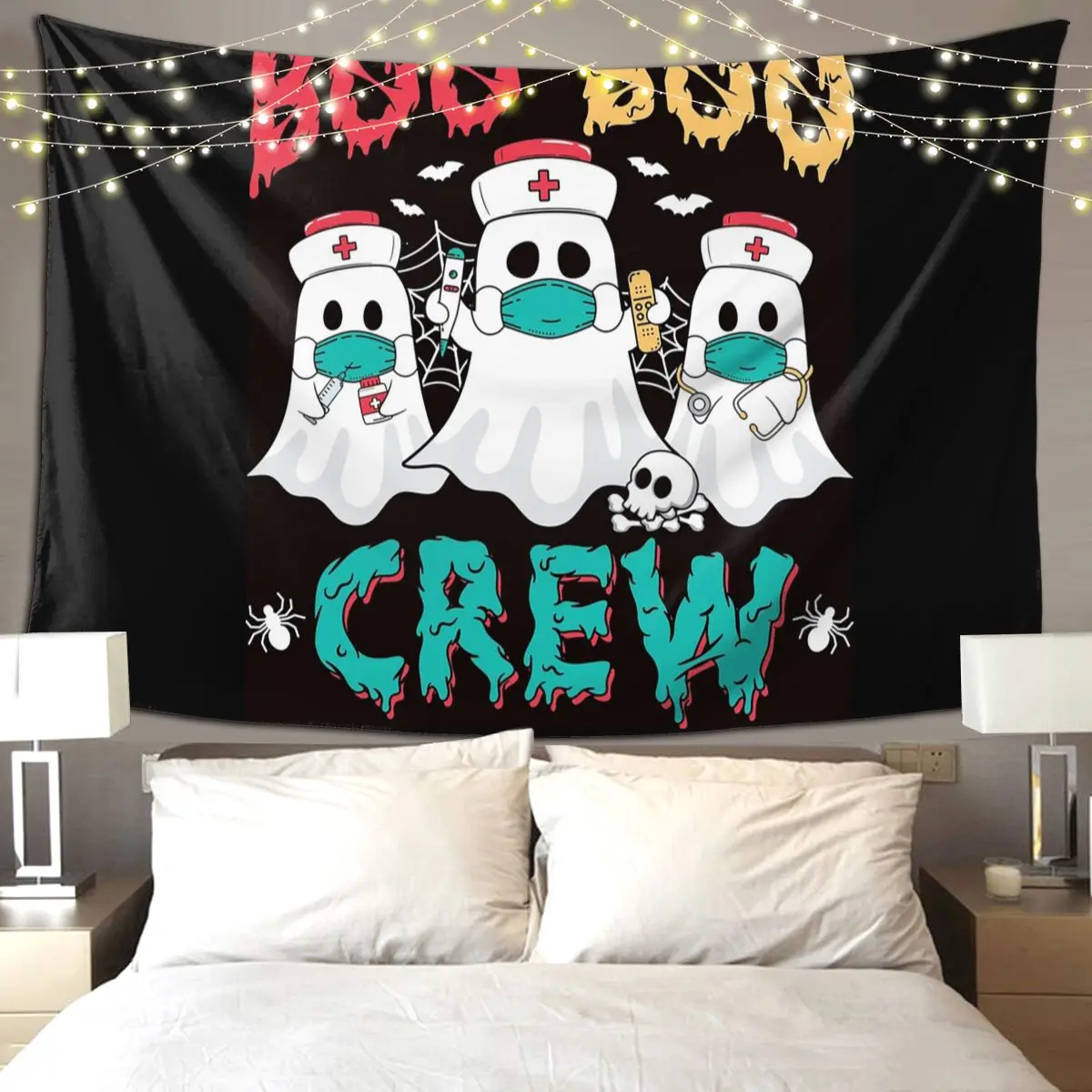 Boo Boo Crew Nurse Halloween Ghost Costume Tapestry Funny Wall Hanging Aesthetic Home Decor Tapestries for Living Room Dorm Room