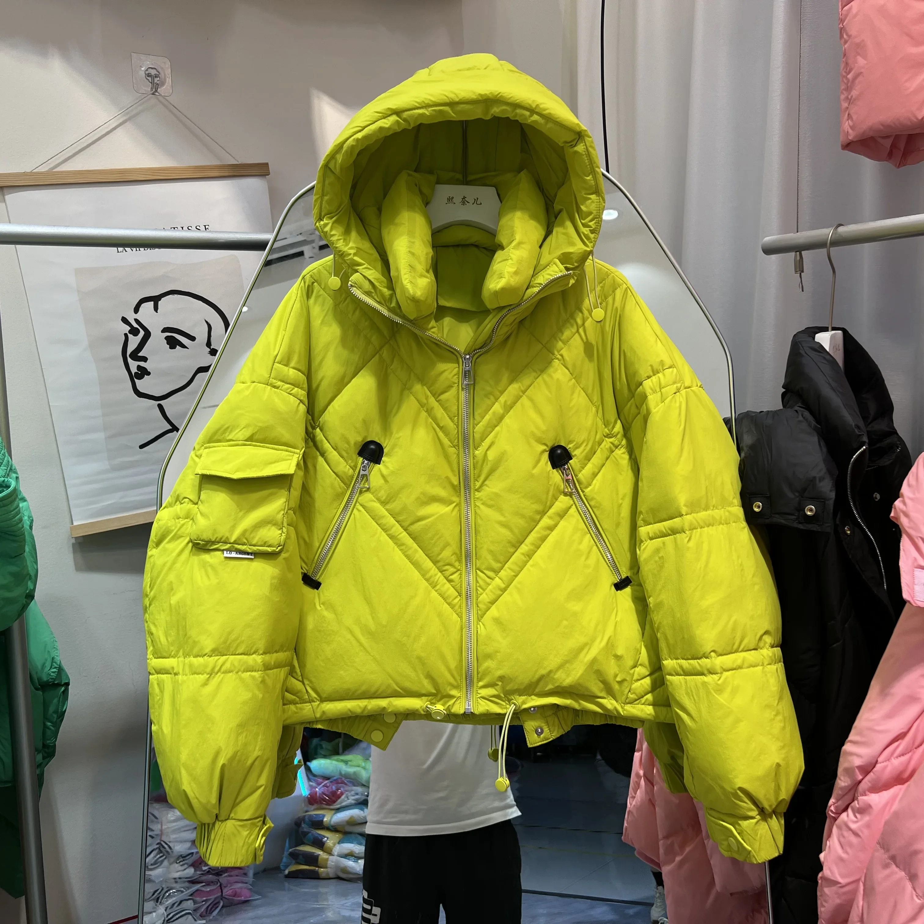 Lagabogy 2024 Winter Women Zipper Candy Color Puffer Jacket Female Loose Warm Short Hooded Parkas Long Sleeve Pocket Down Coat