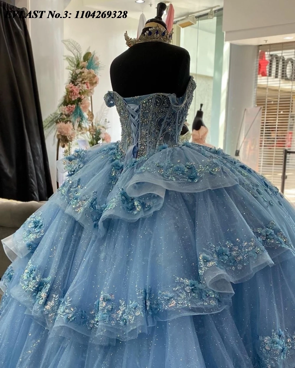 EVLAST Personalizzato Cielo Blu Abito Quinceanera Abito di Sfera Paillettes Lucide Applique Che Borda A File Dolce 16 Abiti Da 15 Anos E3Q132