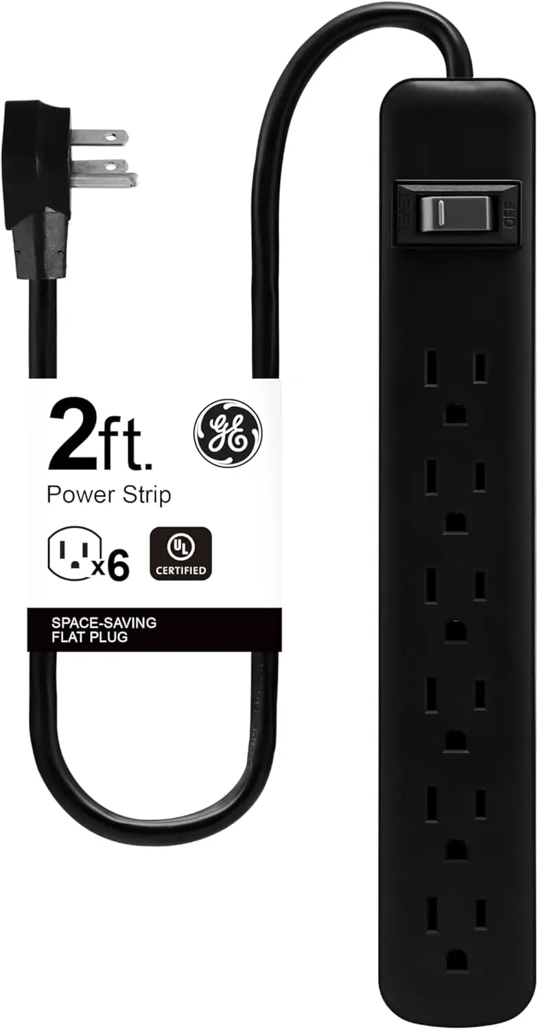 

6 Outlet Power Strip 2ft Cord Wall Mount Circuit Breaker 15A 1800W UL Black
