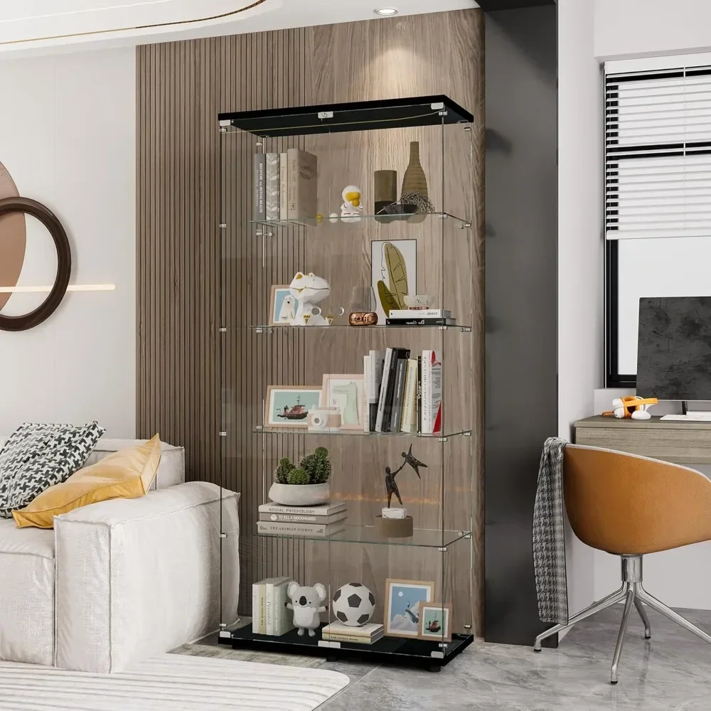 

74.33" H Display Cabinet with 5 Shelves Double Door, for Living Room, Bedroom, Office, Floor Standing Glass Bookshelf