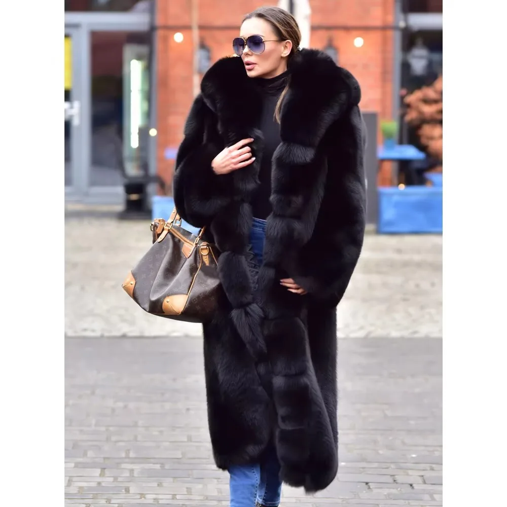 Women New Winter Real Fox Fur Jacket With Hood Female Long Sleeve Puffer Coat Natural Fur Women's Fur Coat Outerwear