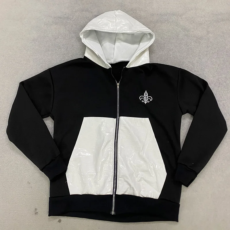 Y2K American Street Fashion Hooded Zipper Sweater Unisex Leather Stitching Pattern  Decoration Ins Style Hoodie Autumn Winter
