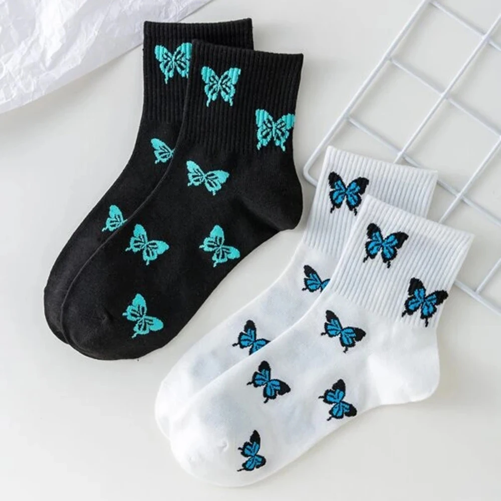 2 Pair Women Ankle Socks Cartoon Butterfly Print Japanese Harajuku Fashion Street Spring Autumn Breathable Cute Girl Short Socks