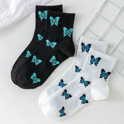 2 Pair Women Ankle Socks Cartoon Butterfly Print Japanese Harajuku Fashion Street Spring Autumn Breathable Cute Girl Short Socks