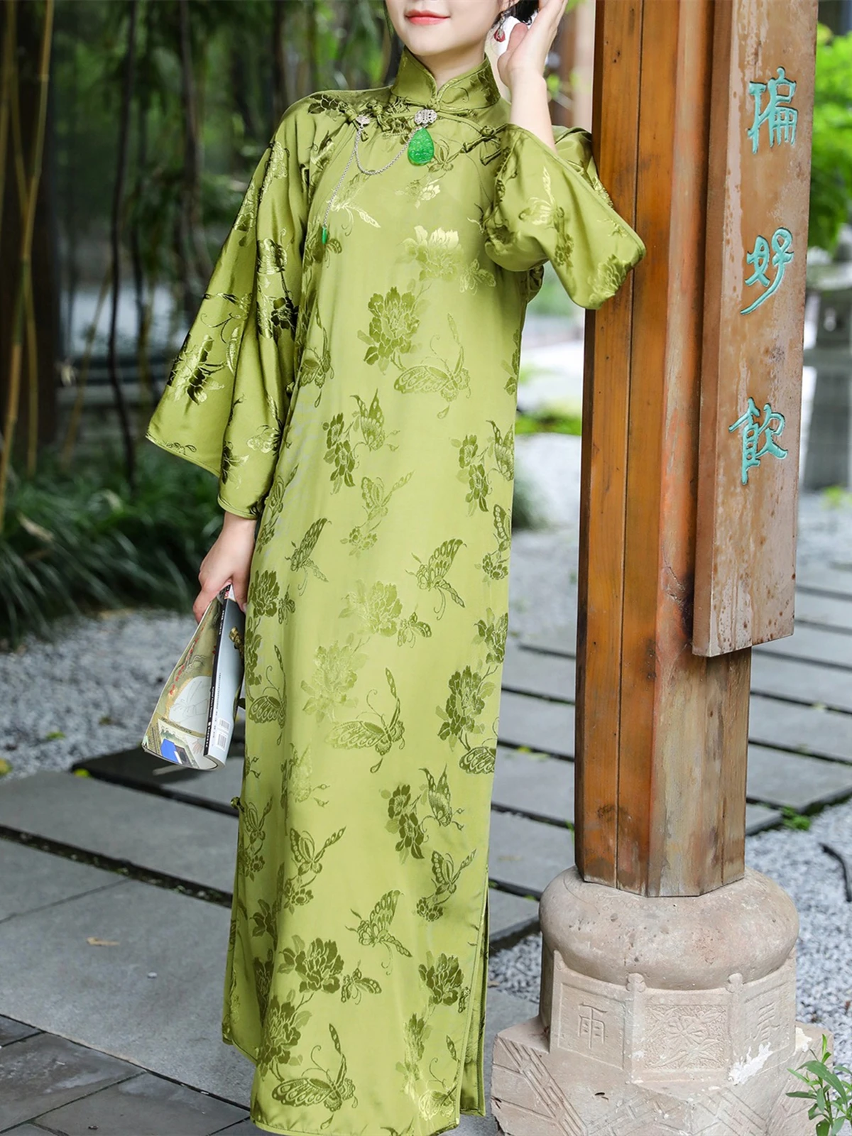 green asian dress Emerald Green Floral Silk Chinese Qipao Cheongsam Dress