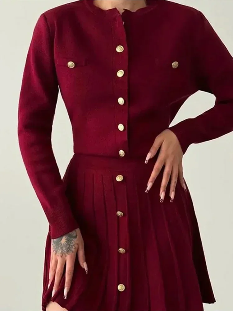 Burgundy single-breasted knit cardigan 2-piece women's elegant high-waisted pleated a-line skirt set Mini Skirts Lady Outfits