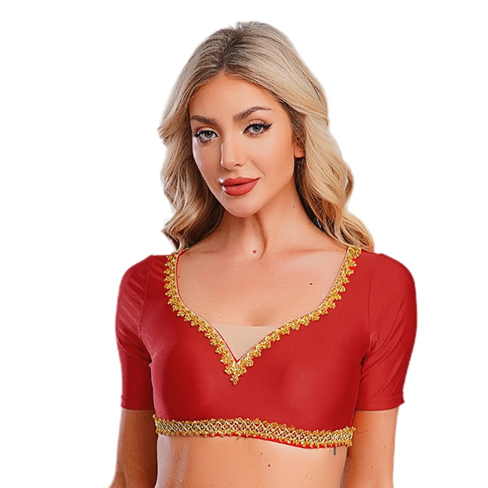 여성 인도 벨리 댄스 크롭탑 골드 트림 브이넥 반팔 슬림핏 크롭 블라우스 댄스 공연 의상 댄스웨어