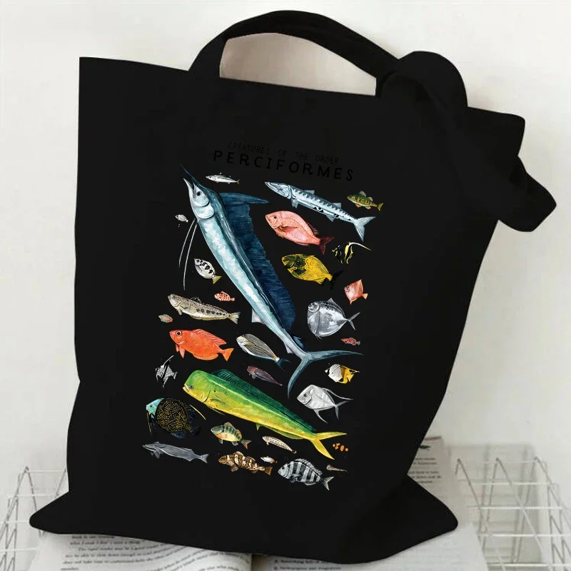 Shark & Tropical Fish Pattern Tote Bag Canvas Reusable Shopping Shoulder Bag Ocean Animal Casual Gift Handbag