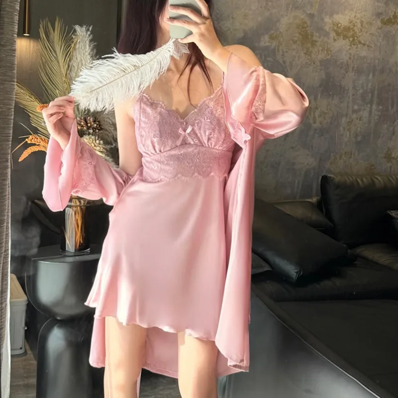 Lace Sexy Suspender Nightgowns Female Spring Summer Nightdress Satin Silk Home Clothing Thin Sleepwear Dress Set Women Bathrobe