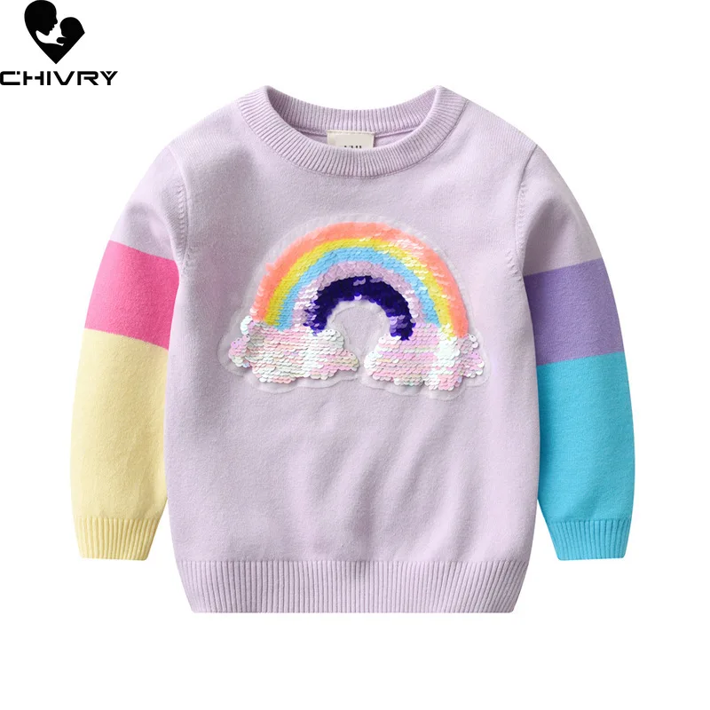 Baby Girls Autumn Winter Pullover Sweater New 2023 Kids Cartoon Rainbow Sequins Round Neck Knitted Jumper Sweaters Clothing