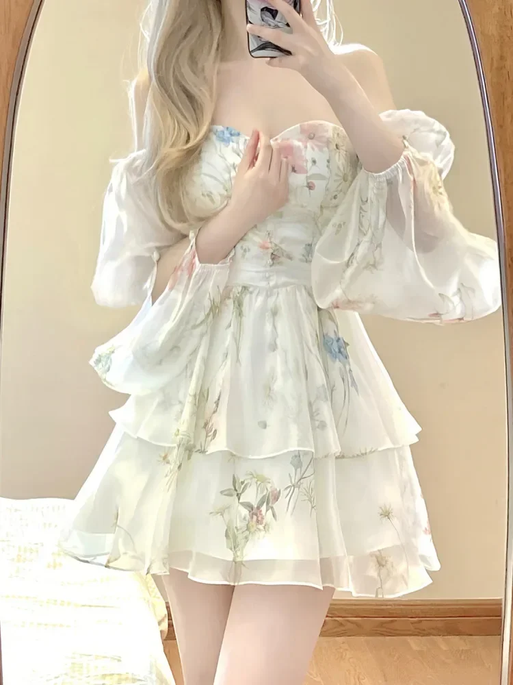 French Elegant Floral Mini Dress Chiffon Long Sleeve Evening Party Dress Women Holiday Beach Boho Fairy Dress Korean 2025 Robes