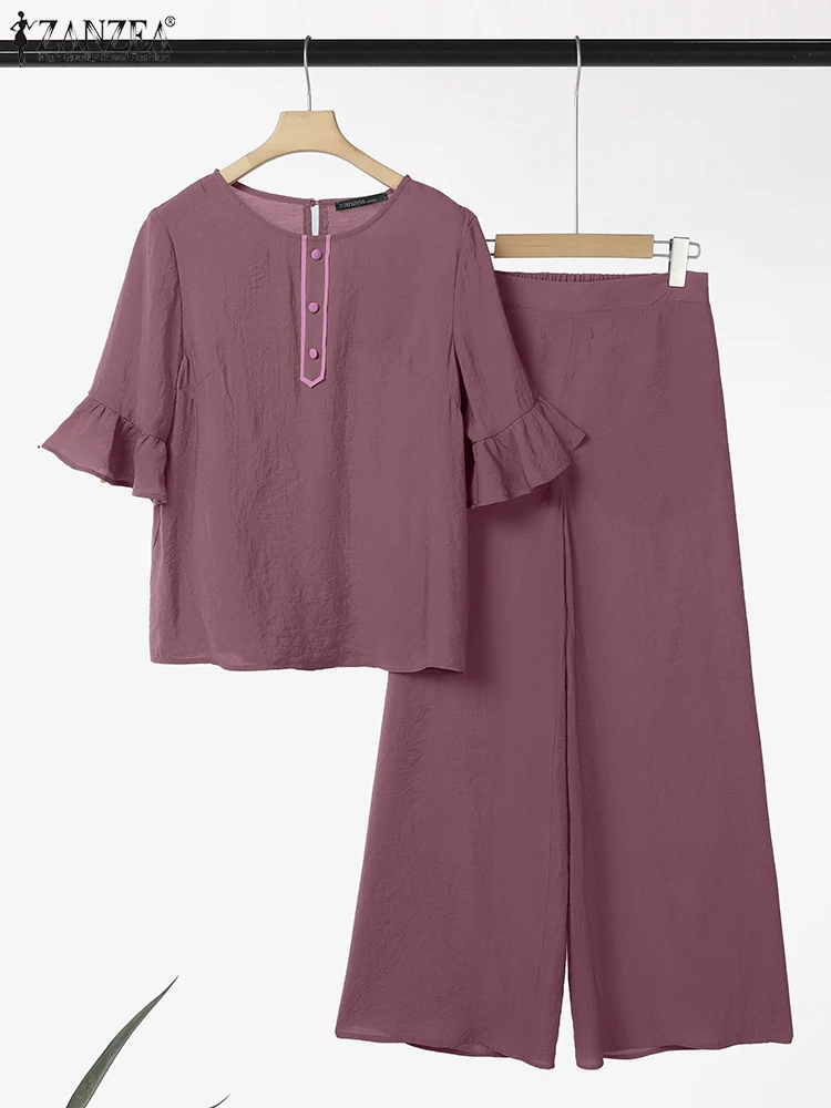 

ZANZEA Casual O-Neck Flared Sleeve Blouses 2pcs Outfits Commute Woman Elegant Loose 2 Pieces Sets Solid Wide Leg Pants Pant Sets
