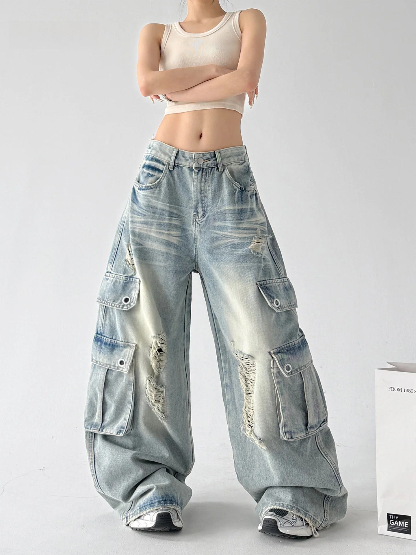 

Женские летние новые джинсы в стиле ретро-рабочей одежды, широкие, свободные, с эффектом похудения, длинные, с высокой талией, рваные, с множеством карманов