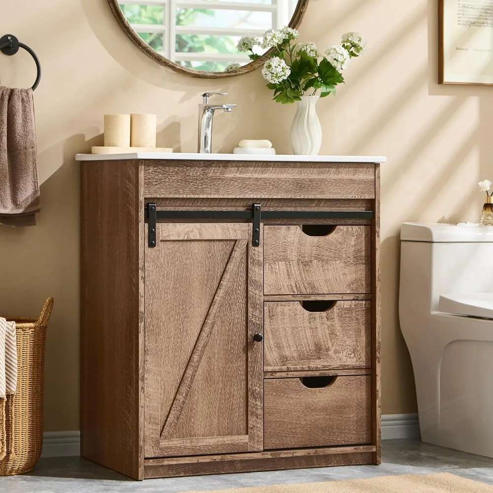 

30" Farmhouse Bathroom Vanity with Sink,Bathroom Vanity w/Sliding Barn Door,Floor Standing Bathroom Vanity w/Metal Handle