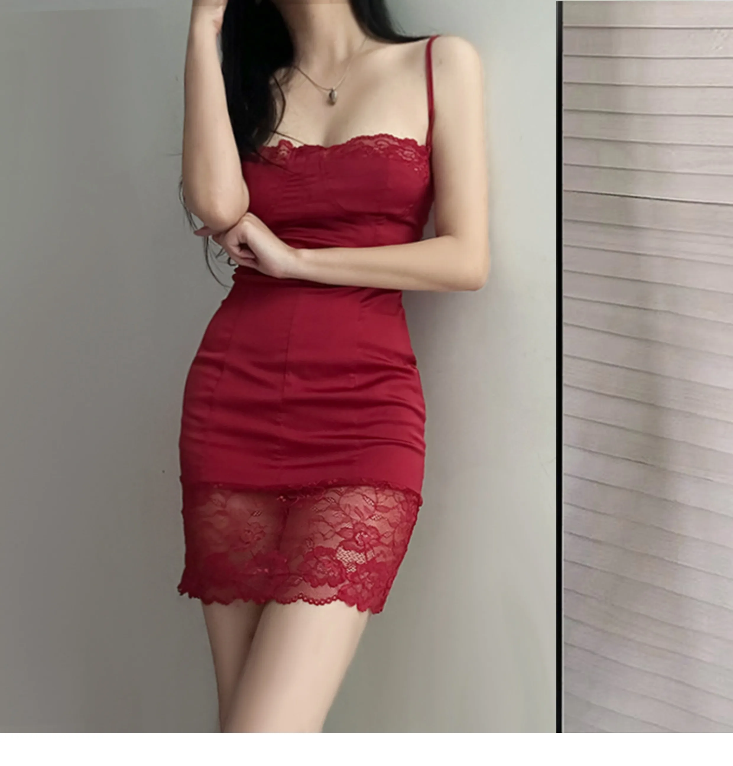 2024 Summer Women's New Style Spicy Girl Sling Sexy Lace Splicing Pure Desire Sheer Slim Tight Wrap Buttocks Red Dress C821