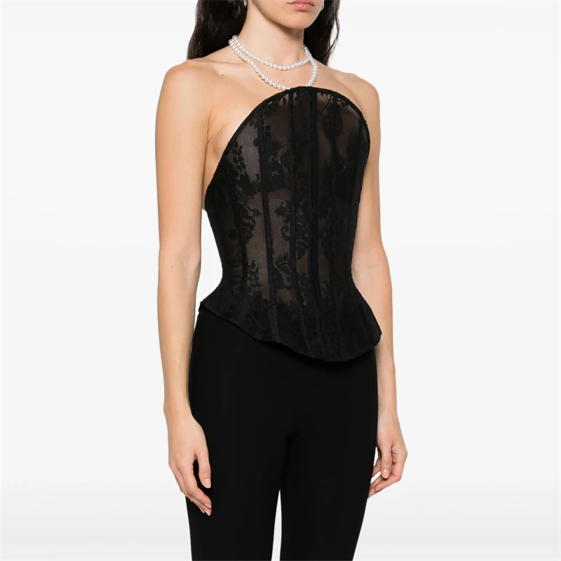 

Summer New Women's Sexy Fashion Slim Fit Lace Fishbone Tube Top High Quality Mesh Bustier Party Clothes