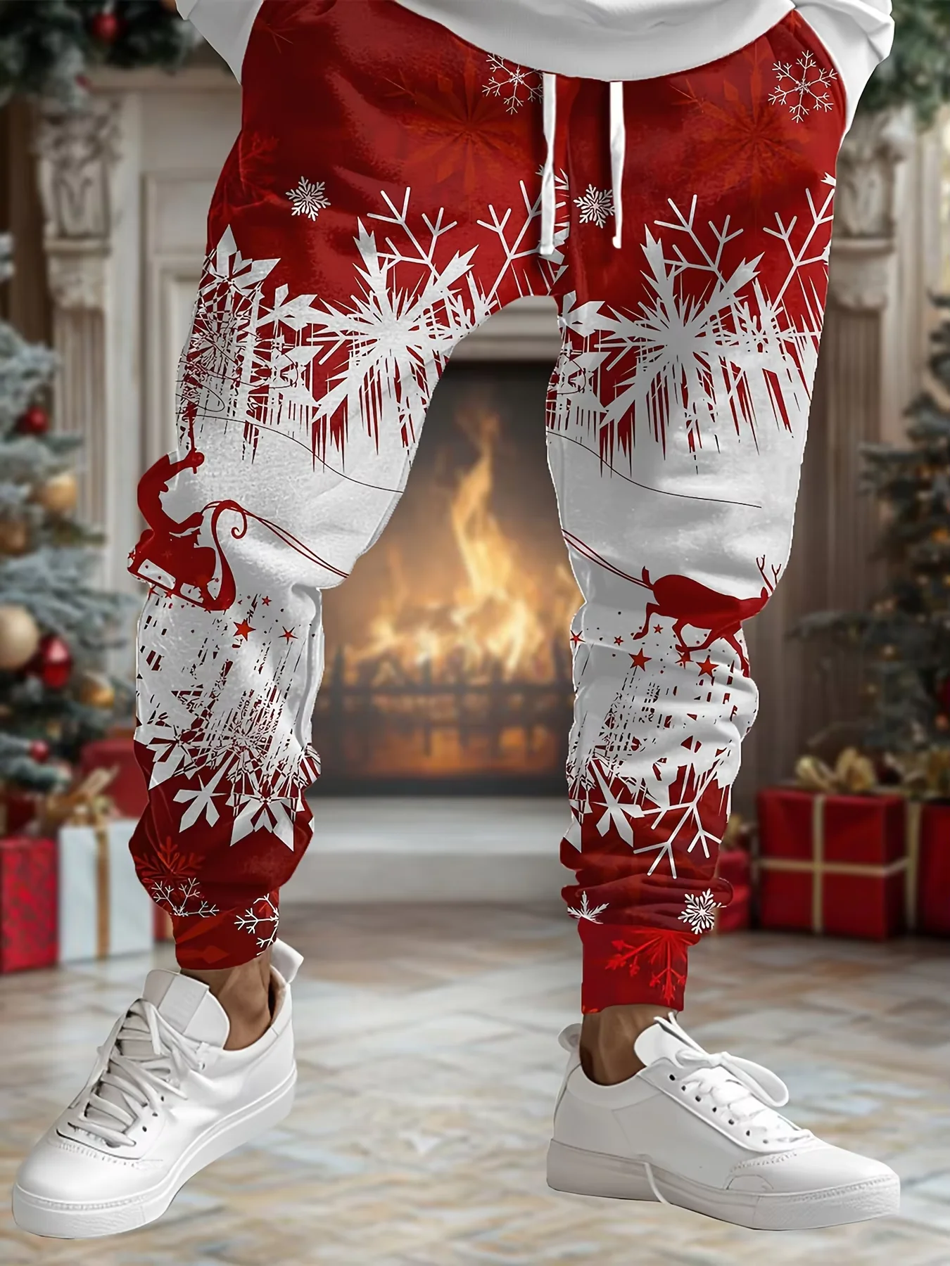 2027 Women Hot selling fashion autumn men's snowflake print micro elastic comfortable drawstring pants outdoor party clothes