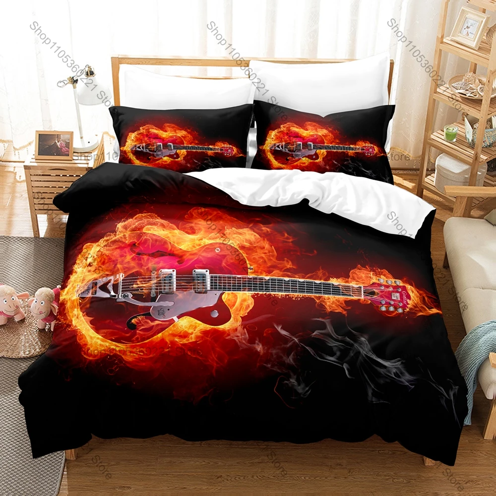 Vintage Acoustic Electric Guitar Rock Music Art HD Print Bedding Set Duvet Cover + 2 Pillowcases Polyester Music Room Decor